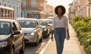 woman walking through small city in caribe