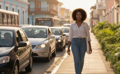 woman walking through small city in caribe