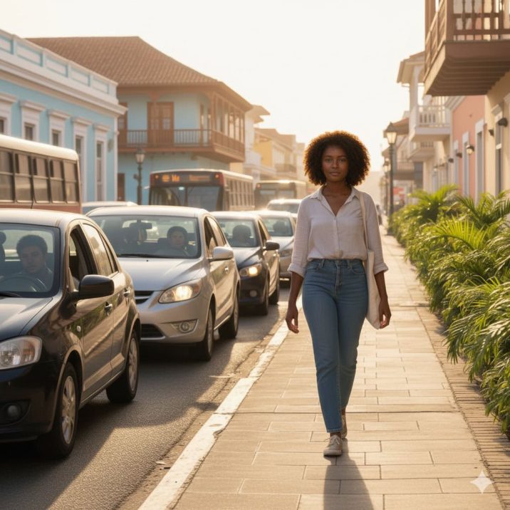 woman walking through small city in caribe