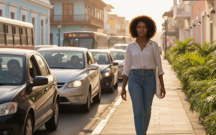 woman walking through small city in caribe